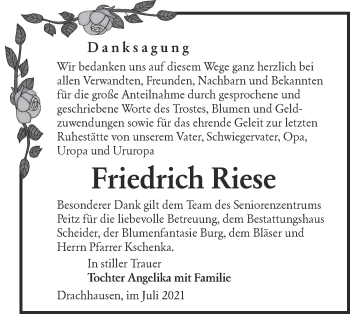 Traueranzeige von Friedrich Riese von lausitzer_rundschau