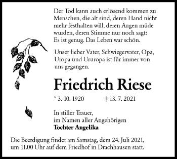 Traueranzeige von Friedrich Riese von lausitzer_rundschau