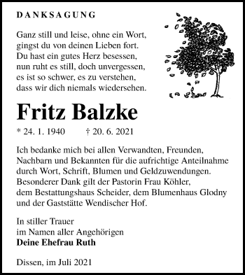 Traueranzeige von Fritz Balzke von lausitzer_rundschau