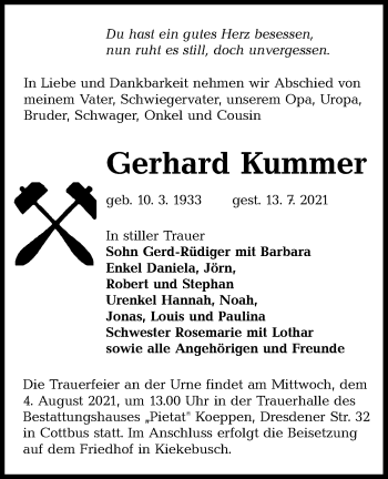 Traueranzeige von Gerhard Kummer von lausitzer_rundschau