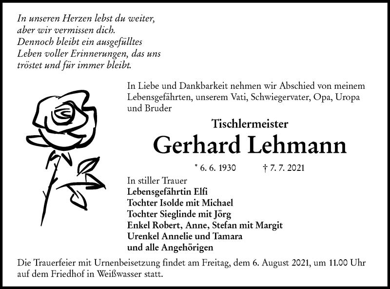  Traueranzeige für Gerhard Lehmann vom 17.07.2021 aus lausitzer_rundschau