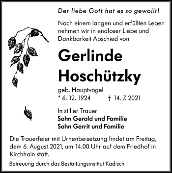 Traueranzeige von Gerlinde Hoschützky von lausitzer_rundschau