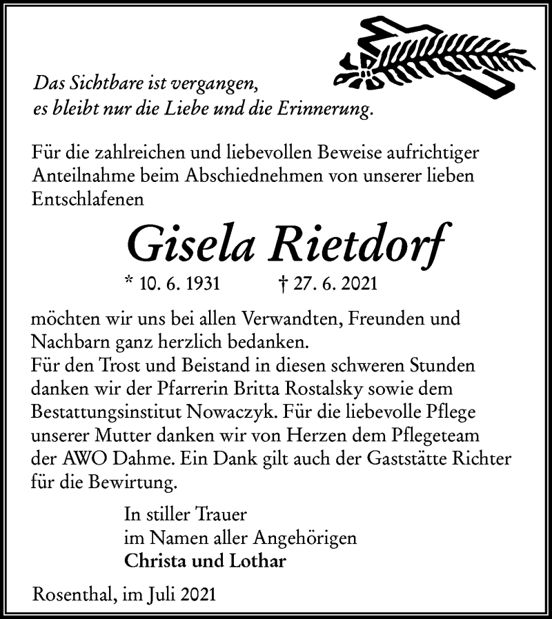  Traueranzeige für Gisela Rietdoll vom 24.07.2021 aus lausitzer_rundschau