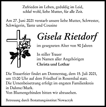 Traueranzeige von Gisela Rietdorf von lausitzer_rundschau