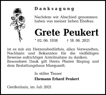 Traueranzeige von Grete Peukert von lausitzer_rundschau
