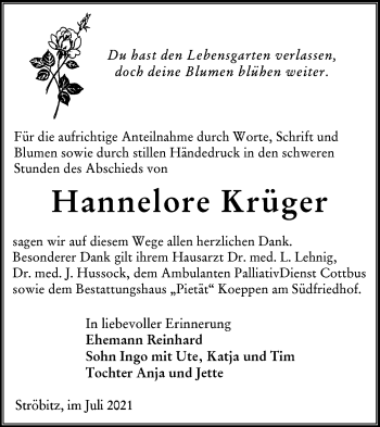 Traueranzeige von Hannelore Krüger von lausitzer_rundschau