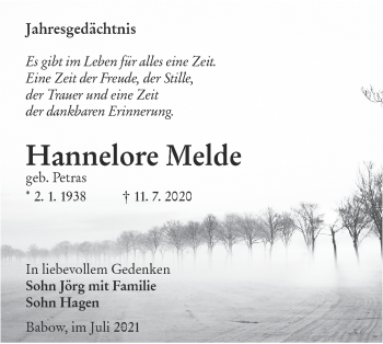 Traueranzeige von Hannelore Melde von lausitzer_rundschau