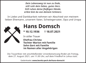 Traueranzeige von Hans Domsch von lausitzer_rundschau