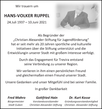 Traueranzeige von Hans-Volker Ruppel von lausitzer_rundschau