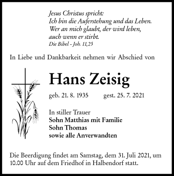Traueranzeige von Hans Zeisig von lausitzer_rundschau