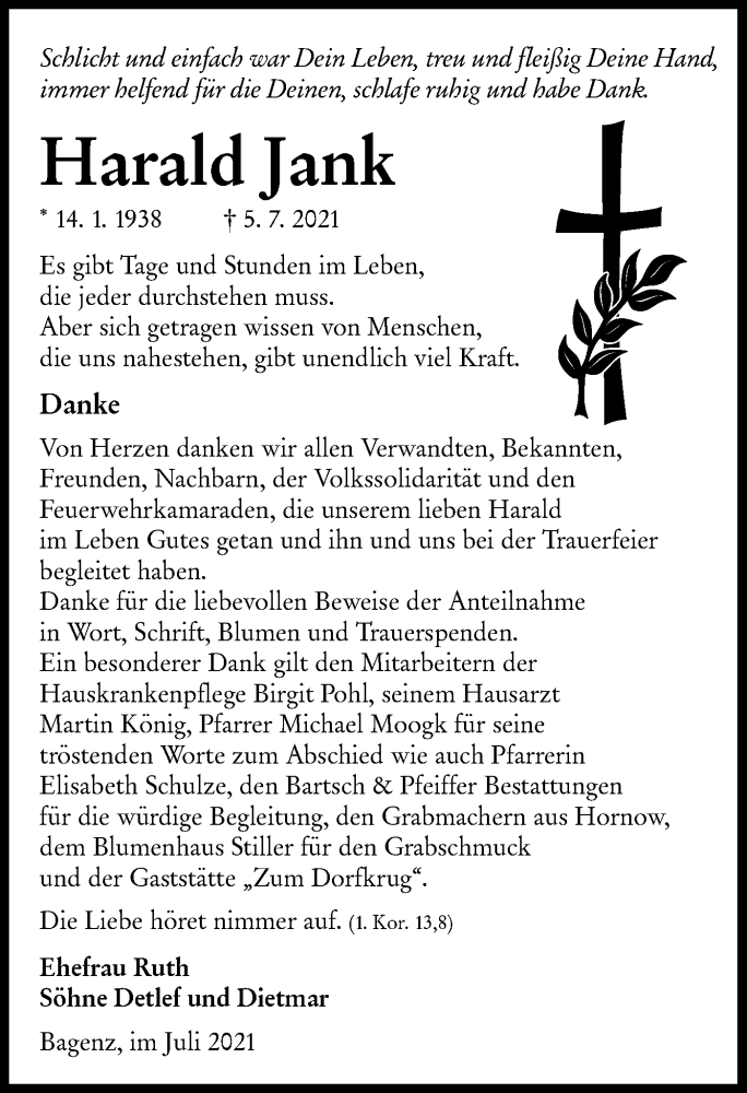  Traueranzeige für Harald Jank vom 31.07.2021 aus lausitzer_rundschau