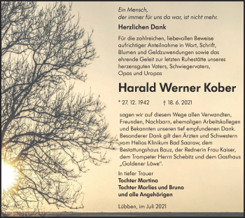 Traueranzeige von Harald Werner Kober von lausitzer_rundschau