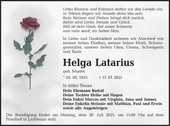 Traueranzeige von Helga Latarius von lausitzer_rundschau