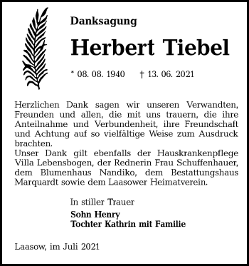 Traueranzeige von Herbert Tiebel von lausitzer_rundschau