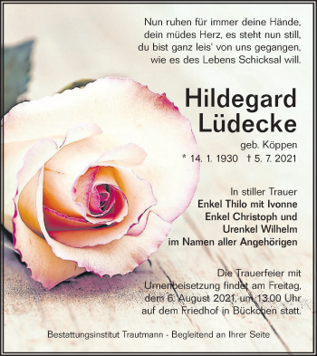 Traueranzeige von Hildegard Lüdecke von lausitzer_rundschau