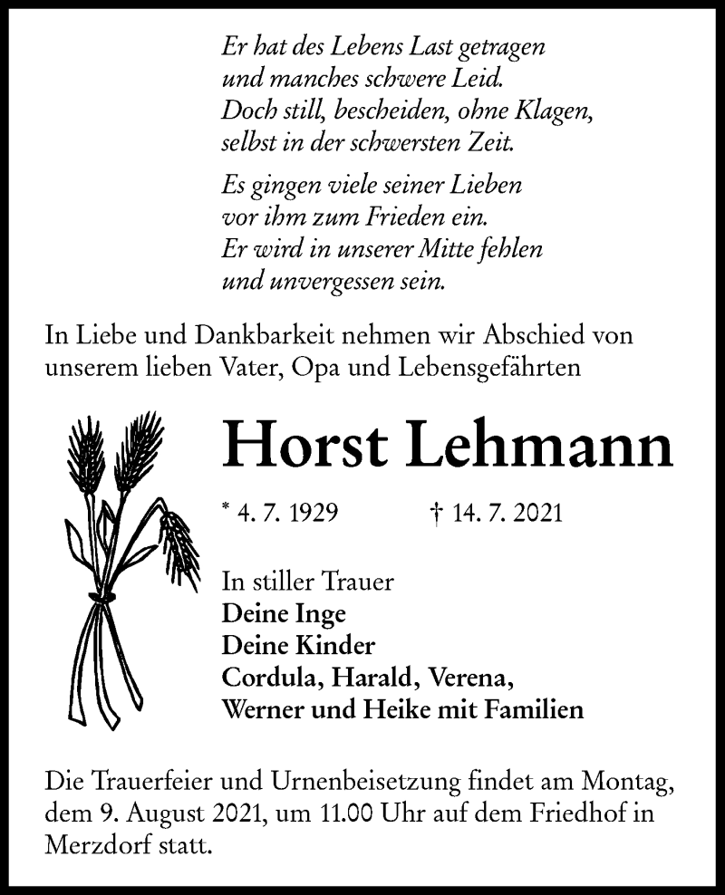  Traueranzeige für Horst Lehmann vom 24.07.2021 aus lausitzer_rundschau