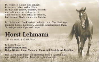 Traueranzeige von Horst Lehmann von lausitzer_rundschau