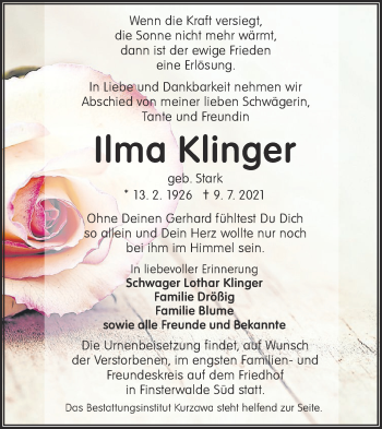 Traueranzeige von Ilma Klinger von lausitzer_rundschau