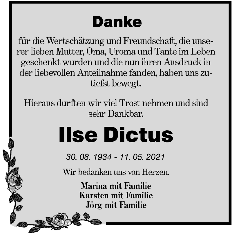  Traueranzeige für Ilse Dictus vom 10.07.2021 aus lausitzer_rundschau