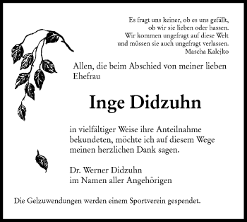 Traueranzeige von Inge Didzuhn von lausitzer_rundschau