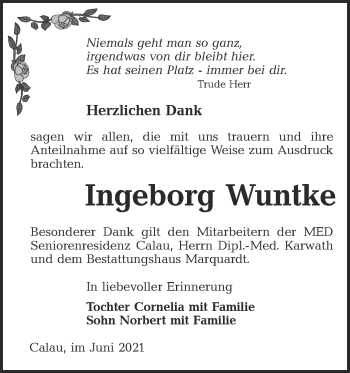 Traueranzeige von Ingeborg Wuntke von lausitzer_rundschau