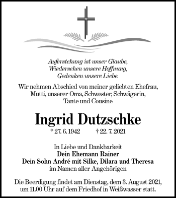 Traueranzeige von Ingrid Dutzschke von lausitzer_rundschau