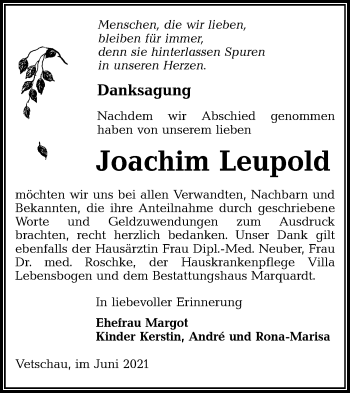 Traueranzeige von Joachim Leupold von lausitzer_rundschau