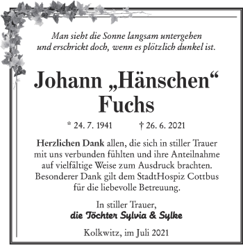 Traueranzeige von Johann Fuchs von lausitzer_rundschau