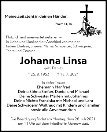 Traueranzeige von Johanna Linsa von lausitzer_rundschau