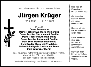 Traueranzeige von Jürgen Krüger von lausitzer_rundschau