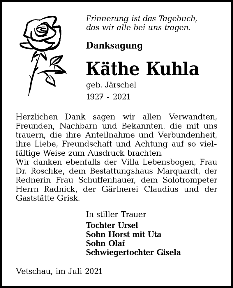  Traueranzeige für Käthe Kuhla vom 17.07.2021 aus lausitzer_rundschau