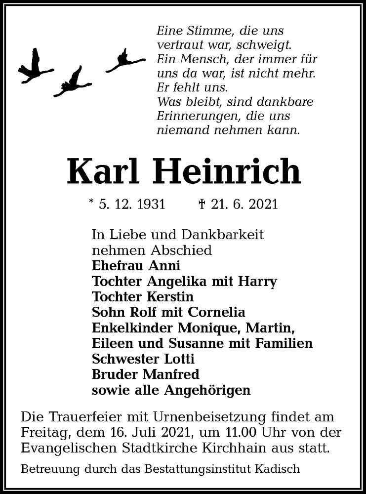  Traueranzeige für Karl Heinrich vom 10.07.2021 aus lausitzer_rundschau