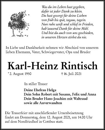 Traueranzeige von Karl-Heinz Rintisch von lausitzer_rundschau