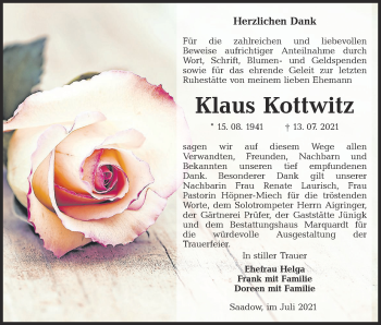 Traueranzeige von Klaus Kottwitz von lausitzer_rundschau