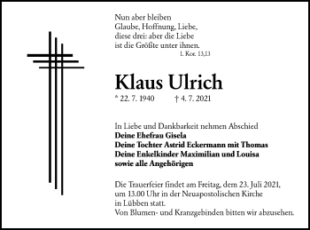 Traueranzeige von Klaus Ulrich von lausitzer_rundschau
