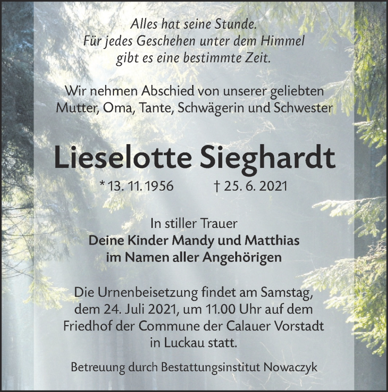  Traueranzeige für Lieselotte Sieghardt vom 10.07.2021 aus lausitzer_rundschau