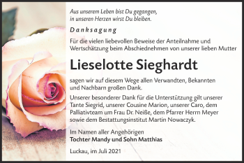 Traueranzeige von Lieselotte Sieghardt von lausitzer_rundschau
