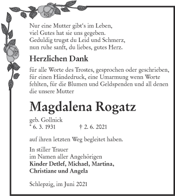 Traueranzeige von Magdalena Rogatz von lausitzer_rundschau