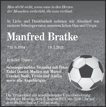 Traueranzeige von Manfred Bratke von lausitzer_rundschau