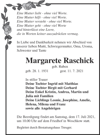 Traueranzeige von Margarete Raschick von lausitzer_rundschau