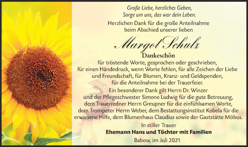  Traueranzeige für Margot Schulz vom 31.07.2021 aus lausitzer_rundschau
