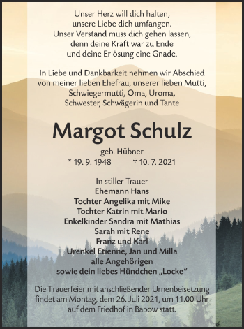 Traueranzeige von Margot Schulz von lausitzer_rundschau