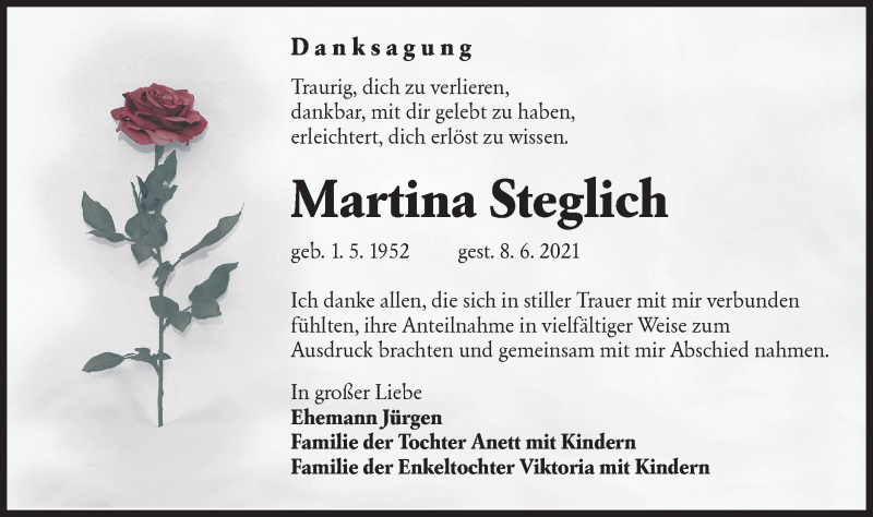 Traueranzeige für Martina Steglich vom 30.07.2021 aus lausitzer_rundschau
