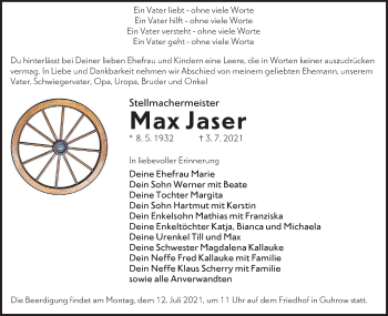 Traueranzeige von Max Jaser von lausitzer_rundschau