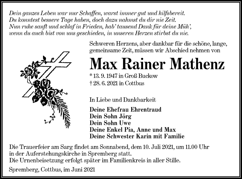 Traueranzeige für Max Rainer Mathenz vom 03.07.2021 aus lausitzer_rundschau