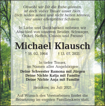 Traueranzeige von Michael Klausch von lausitzer_rundschau