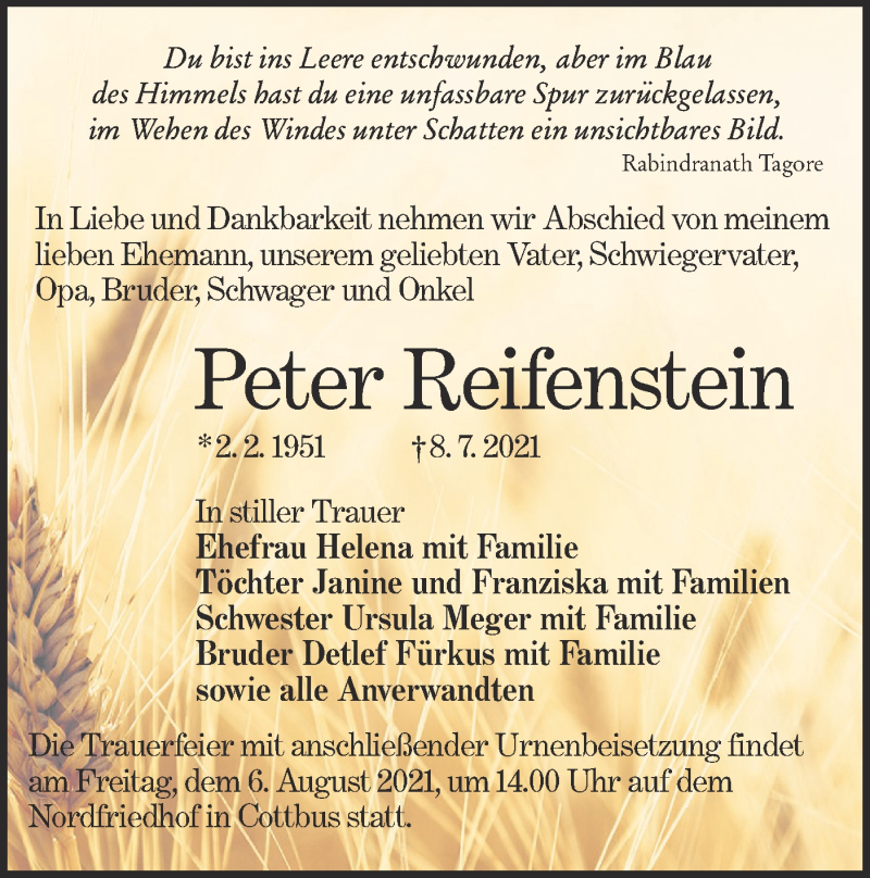  Traueranzeige für Peter Reifenstein vom 16.07.2021 aus lausitzer_rundschau