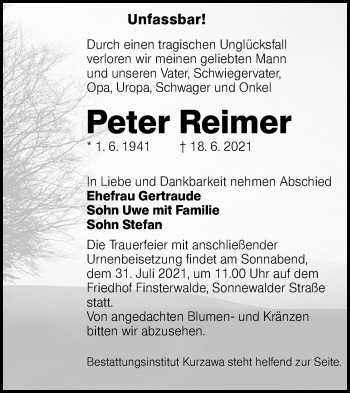 Traueranzeige von Peter Reimer von lausitzer_rundschau