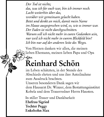 Traueranzeige von Reinhard Schön von lausitzer_rundschau