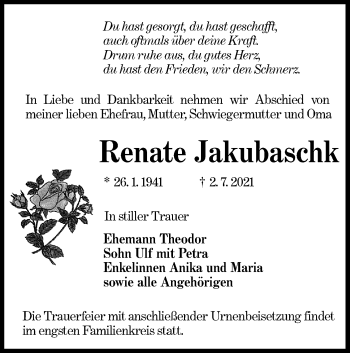 Traueranzeige von Renate Jakubaschk von lausitzer_rundschau